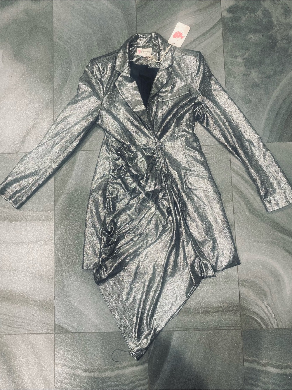 L’Atiste Shimmery Silver Draped Evening Blazer Dress NWT Size S